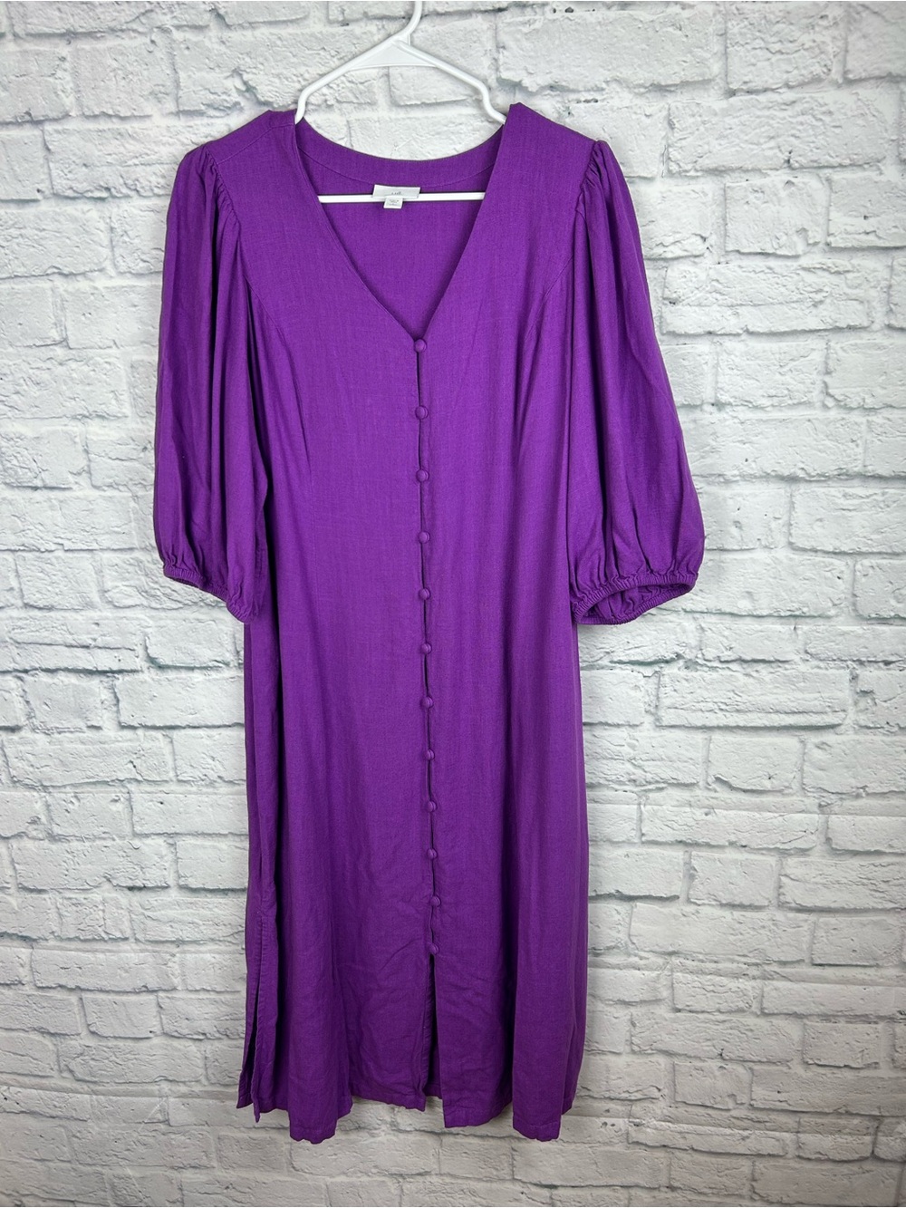 J. Jill Petite L Purple Linen Blend Midi Dress Button Front Puff Sleeve
